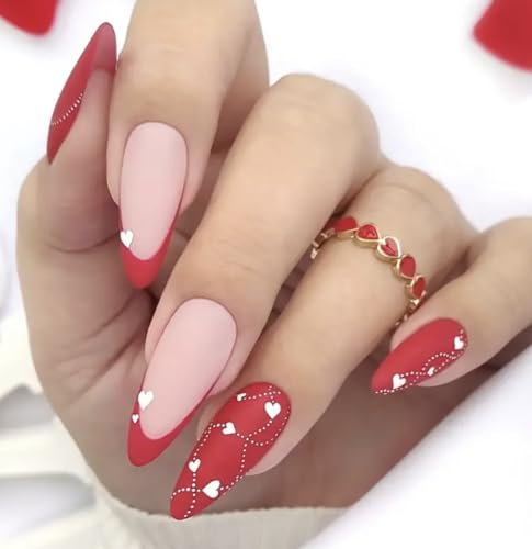 Matte Red and White Hearts/Press on Nails/Matte Red and White Hearts/Stick on Nails/Fake Nails/Set of 24.