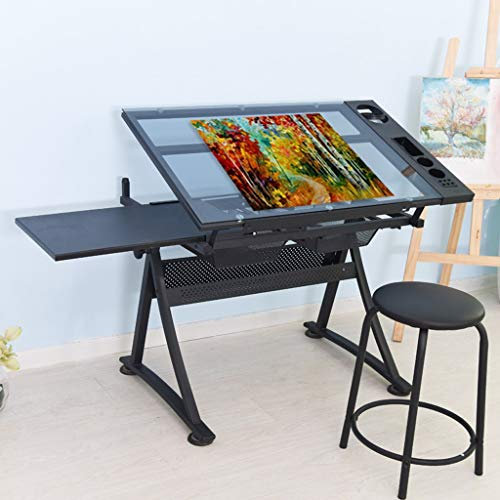 Zeichentische Neigbarer Zeichentisch, Verstellbarer Kunstschreibtisch, mit Aufbewahrungs-Basteltisch, Zeichentisch mit Glasplatte, Zeichentisch für Kinder und Erwachsene