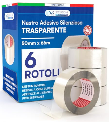 DNK TRADE Nastro Adesivo Trasparente da Imballaggio Pacchi 50mm x 66m Silenzioso Resistente all'Acqua Sigilla e Protegge Scatole per Traslochi e Spedizioni - 6 Rotoli