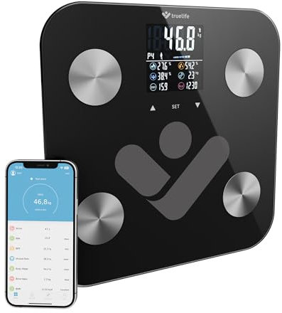TrueLife FitShape S6 BT Personenwaage Digital, Bluetooth Körperwaage, Waage Personen, 19 messdaten, farbiges LCD-Display, bis zu 8 Benutzer, Waage mit Körperfett und Muskelmasse, mobile App (Schwarz)