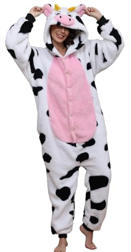 chuangminghangqi Tuta Donna Invernale Peluche Gigante Animali Pigiama Unisex con Cappuccio Tuta Completa Adatto Come Costume Carnevale o Pigiami Natalizi Famiglia(Large,Mucca Rosa)