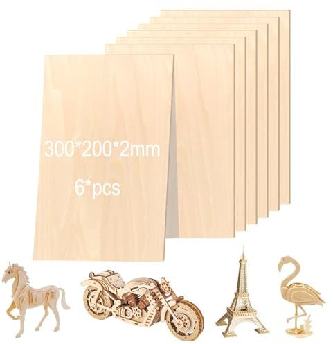 DeJivsin 6pcs Plywood 300 x 200 x 2 mm, Balsa Wood Sheets, Lime Plywood Panels, Natural Unfinished Balsa Wood Panels for DIY Model, Arts and Crafts, Paintings