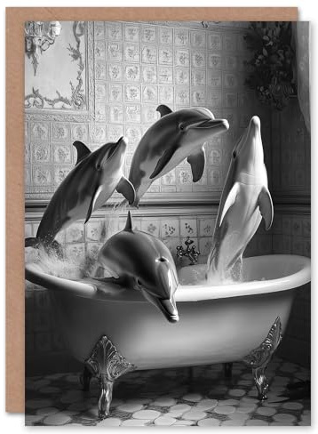 Artery8 Greeting Card Dolphins Playing in Bathtub Black White Surreal Blank For Him Or Her Art Birthday Card