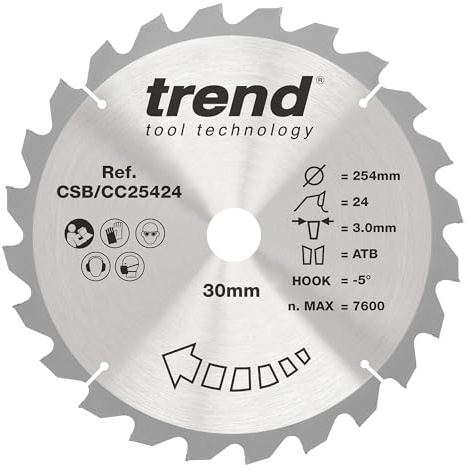 Trend 254mm TCT Mitre Saw Blade, 30mm Bore, 24T, Coarse Finish | Ideal For Wood Cutting On Mitre Saws, With 24 Teeth, 3mm Kerf And -5° Hook For A Coarse Finish, CSB/CC25424