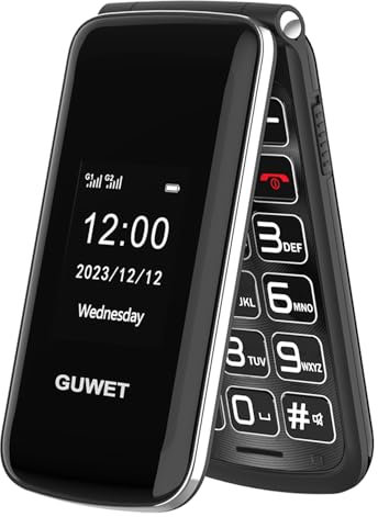 Guwet cellulare per anziani pliante, telefono per anziani, telefono a tasti, con segnale forte, doppia SIM, pulsante SOS, batteria da 1600 mAh, lungo standby e colore nero.