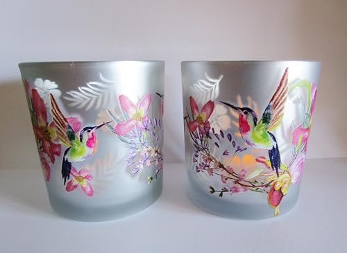 2er Set Windlicht Kolibri mit Blumen Glas Silberfarben mit Buntem Blütenmotiv Teelichtglas Teelichtgläser Deko Gartenparty Sommer