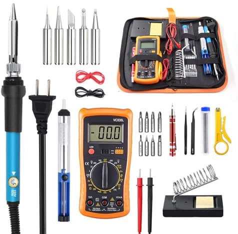 Soldering Iron Kit, 60W Adjustable Temperature 200-480℃ Welding Tools, 27Pcs Welding Tools with Digital Multimeter, Tips, Soldering Iron Stand, Tweezers, Screwdriver for Electronics Repairing