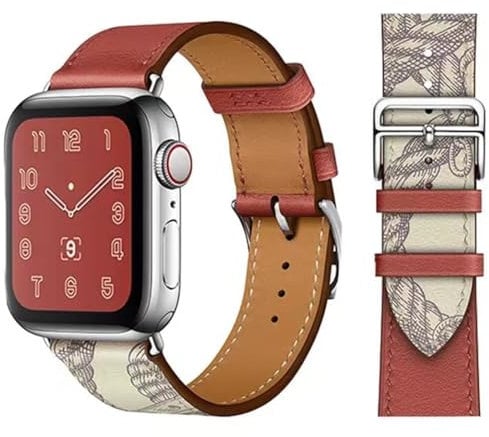 VZEXJIU Leather Bands Compatible with Apple Watch Band 42mm(Series 3) 44mm 45mm 46mm 49mm Genuine Leather Strap for iWatch Ultra 2/1 Series 10 9 8 7 6 5 4 3 SE Women Men,Red/White