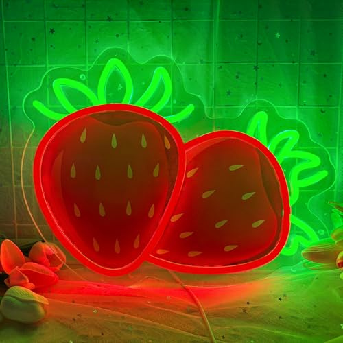 Letrero de neón de fresa para decoración de pared, luces de neón de frutas con impresión regulable, letreros LED de neón con temática de frutas vibrantes para habitación de niños, dormitorio