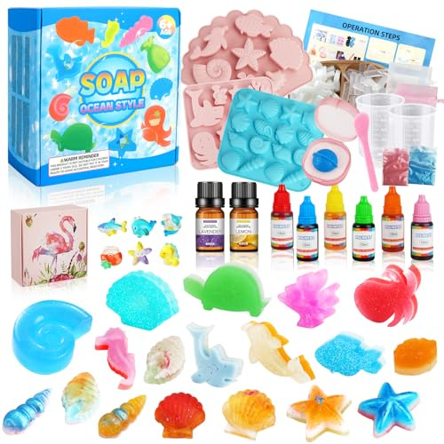 BBWELL Seife Selber Machen Kinder,500g Seife mit Formen Pigment Essentielle Öle Geschenktasche und DIY-Werkzeuge,Seifen Selber Machen Set Erwachsene,Kindergeburtstag Weihnachts Geschenk,Ozean-Serie