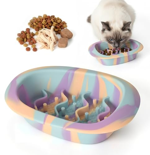Gamelle Anti Glouton Chat, Silicone Assiette Régime avec Pieds Antidérapants, Anti Vomissements pour Chat Glouton, Gamelle Chien Anti Glouton Bol Plat pour Chaton Alimentation Lente(Petit Coloré)