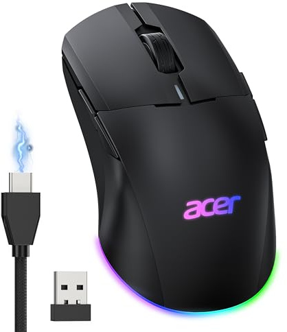 Acer Mouse Gaming Wireless, 24.000 DPI, Dual Mode (2,4G+ Cablato) con 8 pulsanti programmabili, Ambidestro, Mouse da Gioco con illuminazione RGB, Ricaricabile per PC e desktop