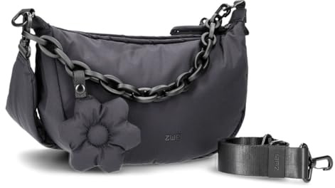 Zwei Damen Puffer Moon Bag HANNAH HA70 mit Blumen- und Kettenanhänger, 4 Liter Volumen, Schultertasche mit verstellbarem Trageriemen, Reißverschlussfach, recyceltes Polyester (black)
