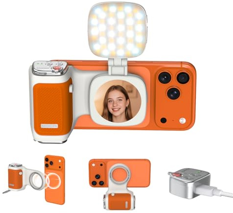 COMITOK Agarre para cámara de iPhone MOCA con luz de relleno magnético y espejo para cámara nativa 17 Pro iOS26, agarre magnético Fun Shot para teléfono compatible con iOS17 e iOS18 con control remoto