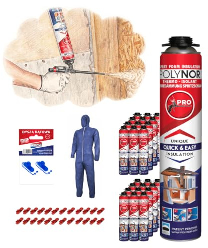 POLYNOR Isolation thermique PUR en bombe PRO - Kit - 24 mousses - Isolation thermique par pulvérisation - Isolation des murs, toitures, plafonds, tuyaux - Aérosol 750 ml