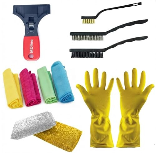 MDline 5-Piece Oven Cleaning Kit - Heavy Duty Ceramic Hob Scraper, 3x Multi-Surface Wire Brushes, Microfibre Cloths & Scouring Pads - Non-Scratch Glass Tool for Induction Cooktop & Oven Door