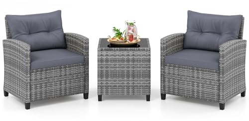 COSTWAY Rattan Gartenmöbel Set, 3-TLG. Balkonmöbel inkl. 2 Sessel, Kissen & Tisch mit gehärteter Glasplatte, Balkon Möbel klein, Wetterfeste Sitzgruppe 2 Personen, Terassenmöbel für Garten Balkon