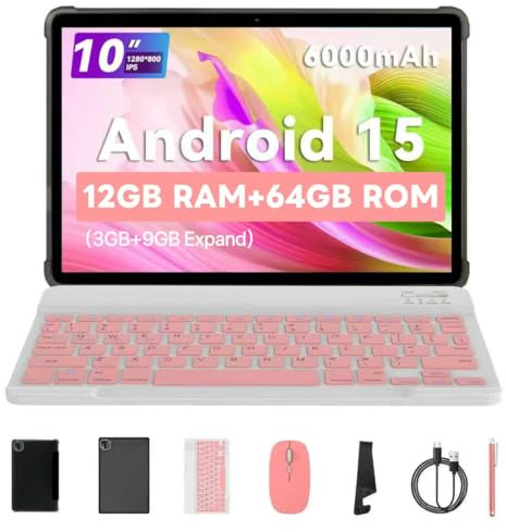 PRITOM 10 inch tablet, Android 16,64 GB ROM, 2-1 Android Tablets, Pink | 10 inch tablet, Android 16, 64 GB ROM, 2TB Expand, Tablet PC with Keyboard, Mouse, Case,Touchpen,Pink