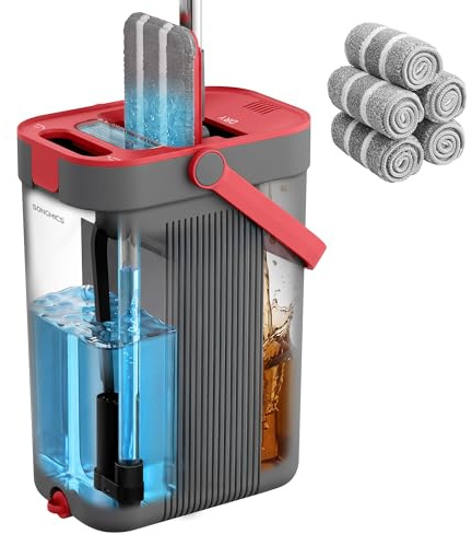 SONGMICS Mocio Lavapavimenti con Secchio, Acqua Pulita/Sporca Separata, Secchio a 3 Scomparti, Strizzatore, Mop Piatto, Testina Girevole a 360°, 5 Panni Microfibra, Grigio e Rosso LMB001GT05