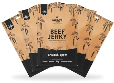 Grizzly Foods • Beef Jerky Cracked Pepper (5 x 50g) • Trockenfleisch Eiweiß Snacks • Rindfleisch aus Deutschland • High Protein Snack für Gym, Fitness, Outdoor, Office