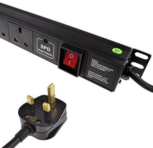 kenable Power Distribution Unit PDU 10 Way Surge Protected VERTICAL Rack Mount [10 Way Vertical SURGED] 1.8m