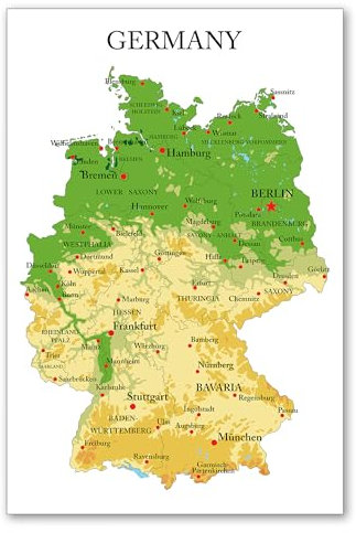 Postereck - 1189 - Deutschland Karte, Städte Englisch Bundesländer - Unterricht Klassenzimmer Schule Wandposter Fotoposter Bilder Wandbild Wandbilder - Poster - DIN A4-21,0 cm x 29,7 cm