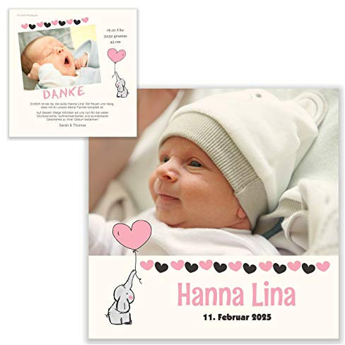 Unser-Festtag Kleiner Elefant Baby Dankeskarte Geburt Baby Danke Karten schick ausgefallen, mit Foto und Ihrem Wunschtext - 40 Karten