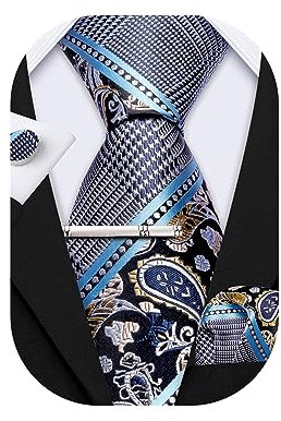 Barry.Wang Herren Krawatte Seide Set Florale Paisley-Krawatte Einstecktuch Manschettenknöpfe im Krawattenklammer Feierliche Hochzeit Party