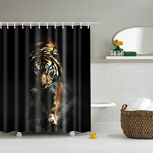 FANSU Duschvorhang Anti-Schimmel, 3D Drucken 100% Polyester Bad Vorhang Wasserdicht Anti-Bakteriell mit C-Form Kunststoff Haken mit 12 Ringe für Badzimmer (Schwarzer Tiger,180x200cm)