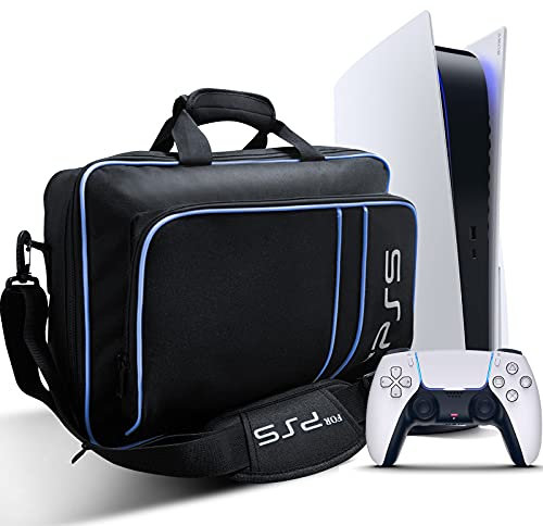 Frusde Tasche für PS5 Konsole, Tragetasche für PS5 Gaming Konsolen Disc/Digital Edition und Controller, Transporttasche kompatibel mit PS5 Controller/Spielkarten/HDMI und Zubehör (Schwarz-Blau)