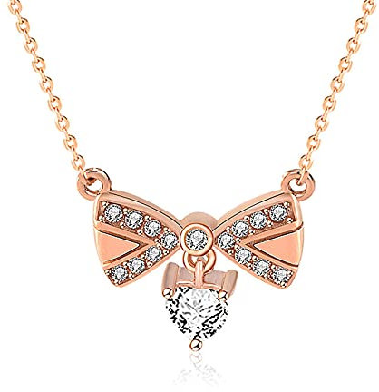 YCYUYK 925 Sterling Silver Ladies Jewellery Rose Gold Bow Necklace Christmas Birthday Valentine Gift