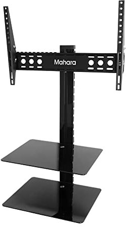 MAHARA TV Bracket With Shelves - All in one tilt & turn TV Mount with Black Glass AV shelving - For TVs from 37-80 inches - Max 45Kg - VESA Compatible