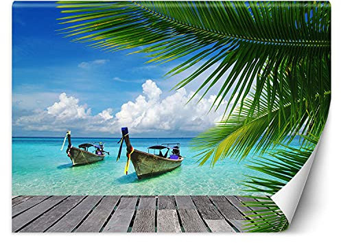 Feeby Wandtapete Fototapete Vlies Tropische Insel Ozean 250x175 cm Blau Modern Tapete Wohnzimmer Schlafzimmer Restaurant Palmenblätter Boote Steg