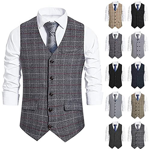 Gilet Herren V Ausschnitt Anzugweste slim fit Blazer Tweed Ärmellos Geschäftsweste Businessweste mit Knopfleiste Herren Formale Hochzeit Party Weste Krawatte Einstecktuch Taschentuch Jacquard Weste
