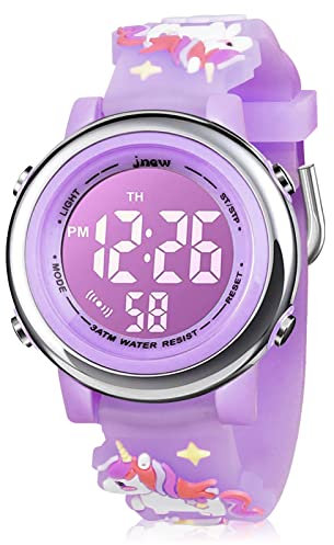 Bigmeda Kinder Armbanduhr 3D Cartoon Wasserdicht 7 Farben Lichter Kleinkind Handgelenk Digitaluhr mit Alarm Stoppuhr für 3-10 Jahre Jungen Mädchen kleines Kind (Hellviolettes Einhorn)