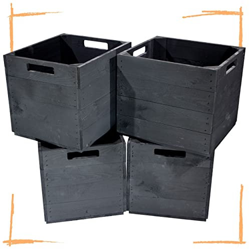 Vintage Möbel 24 4 schöne Korbkisten aus Holz, passend für Kallax, Expedit zum Verstauen von Schulsachen / Spielzeug, neu, 37,5x32x32,5cm (schwarz)
