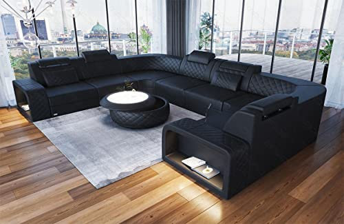 Sofa Wohnlandschaft Foggia in u Form mit USB Port LED-Beleuchtung Ledersofa mit Kopfstützen (Lange Seite Links, Black)