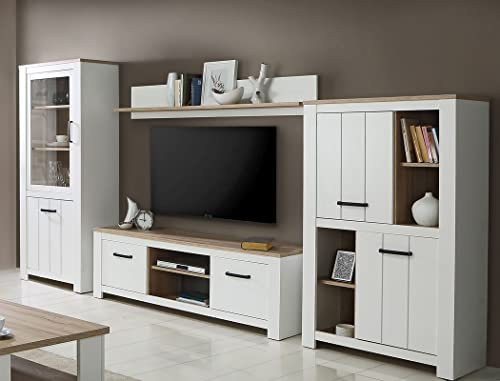 Wohnwand Eike 20 weiß Eiche Bianco 77x186x43 cm 4-teilig Medienwand TV-Wand Vitrine Highboard Lowboard Wandregal