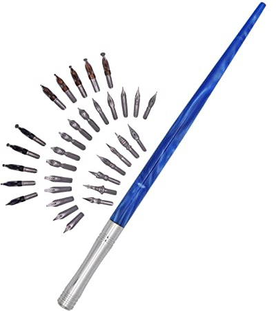 Gullor Resin Dip Pen Handcrafted Calligraphy Set with 33 Nibs for Art, Signatures, Drawing, Caligraphy Kits for Beginners (Blue)