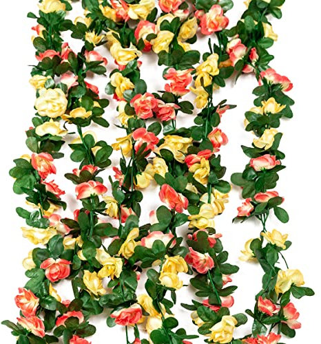 Garisey 6 pcs 48 FT Flower Garland Fake Rose Vine Artificial Flowers Hanging Rose Ivy Garland for Home Hotel Party Wedding Arch Decor (Champagne&Sunset)