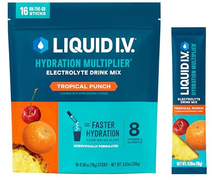 Liquid I.V. Multiplicador de hidratación – Perforadora tropical – Paquetes de polvo de hidratación | Mezcla de bebida electrolitos | Barra de una sola porción fácil de abrir | Sin OMG | 16 varillas
