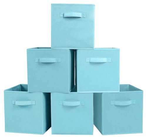 PowerKing Fabric Storage Box Organiser, 6 Foldable Storage Cube Storage Box in Cube Shape – Sky Blue