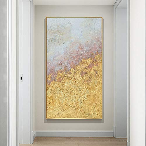 Ölbilder Auf Leinwand Handgemalt,100% Handgemalte Extra Große Kunstwerke, Abstrakte Landschaft Gold Folie Kunst Ölmalerei Auf Leinwand Wandkunst Rahmenlose Bilddekoration Für Live Room Home, 40X8