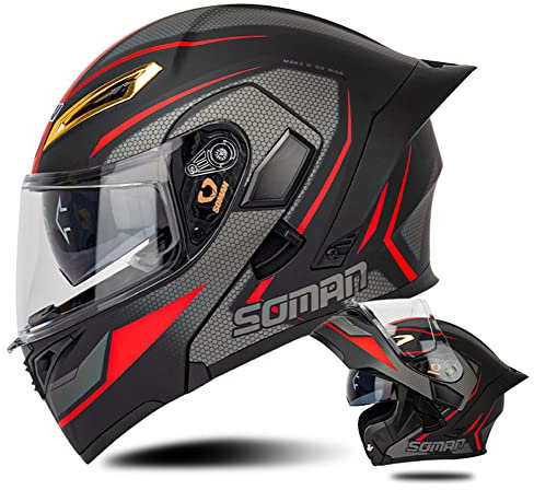 Motorrad Modularer Helm Roller Moped Integralhelm mit Doppelscheibe DOT Klapphelm Sturzhelm Motorradhelme für Damen & Herren (schwarz-rote Spur) (59~60cm L)