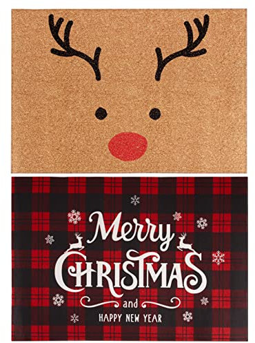 COLOFALLA 2pcs Christmas Door Mats 40x60cm Reindeer Red Buffalo Plaid Merry Christmas Non-Slip Door Mat Indoor Washable (Elk and White Xmas)