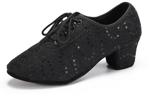 RUYBOZRY Damen Latein Tanzschuhe Schnürschuhe üben Mit Geschlossenem Zeh Modern Jazz Tango Dance Übungsschuhe Mit Niedrigem Absatz,LPWMMD-Black-ZBMD-3,EU40