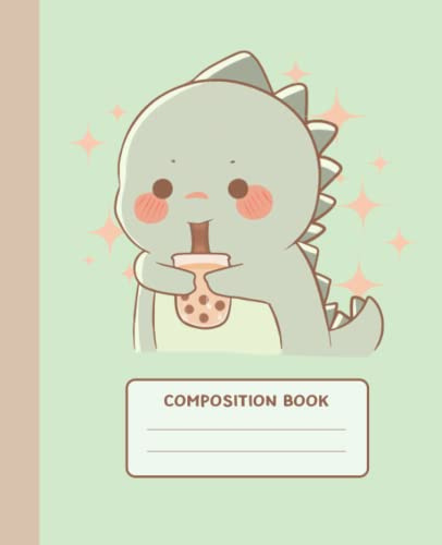 Composition Notebook: Kawaii Dinosaur With Boba| College Ruled Notebook | Kawaii Cottagecore Aesthetic Lined Journal for Kids & Teens
