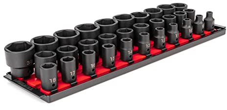 TEKTON Stecknuss-Set mit 1/2-Zoll-Antrieb, 6-Kant, für Schlagschrauber, mit Halteschienen, 31-teilig (8–38 mm), SID92104