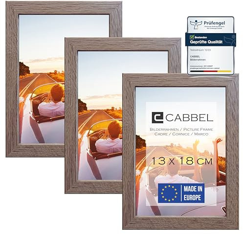CABBEL 3er Set Bilderrahmen 13x18 MDF Holz-Rahmen mit bruchsicherem Acrylglas in Eiche Dunkel