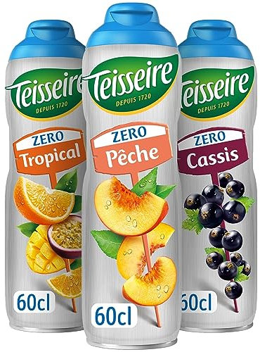 Lot de 3 sirops Teisseire Zéro Sucres (Pêche, Tropical, Cassis) pour Boisson Rafraîchissante, Cocktails, Bidon Recyclable 3x60cl